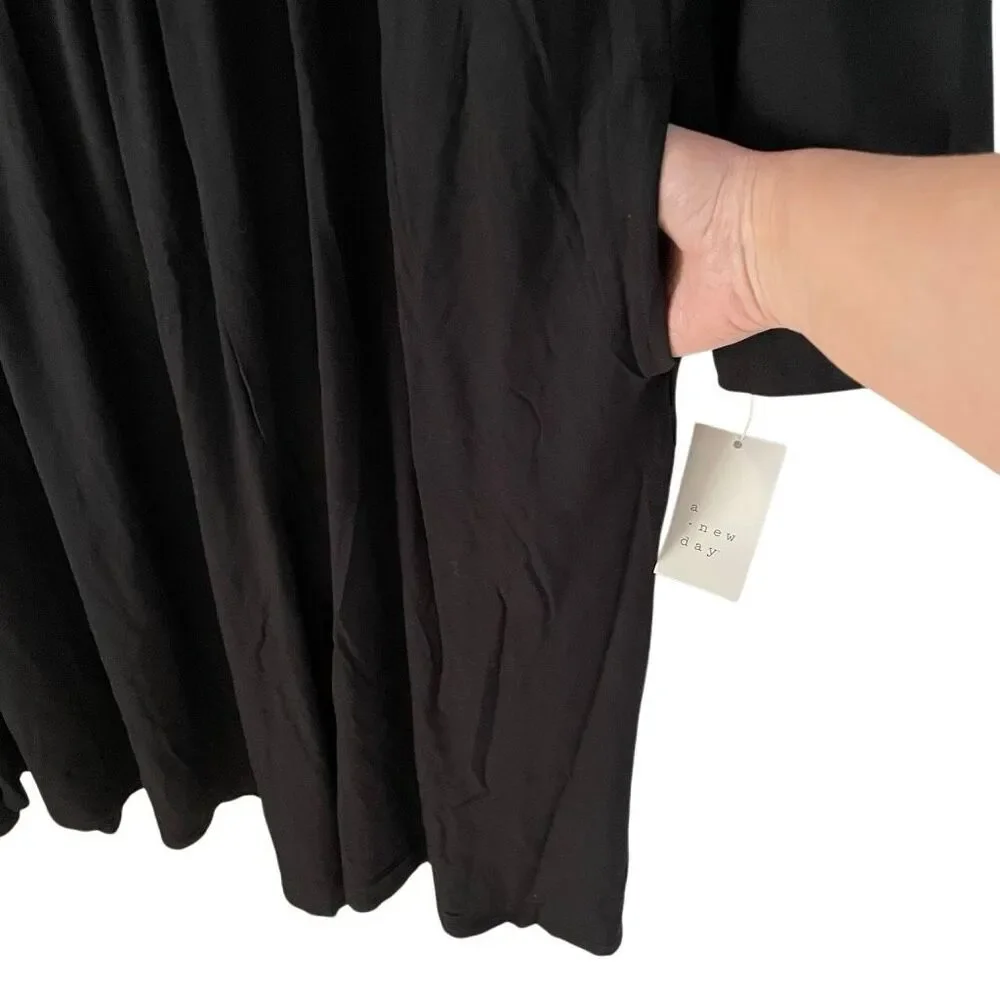 A New Day Women's 4X Long Sleeve Knit Ballet Maxi Dress‎ Black With Slit NEW